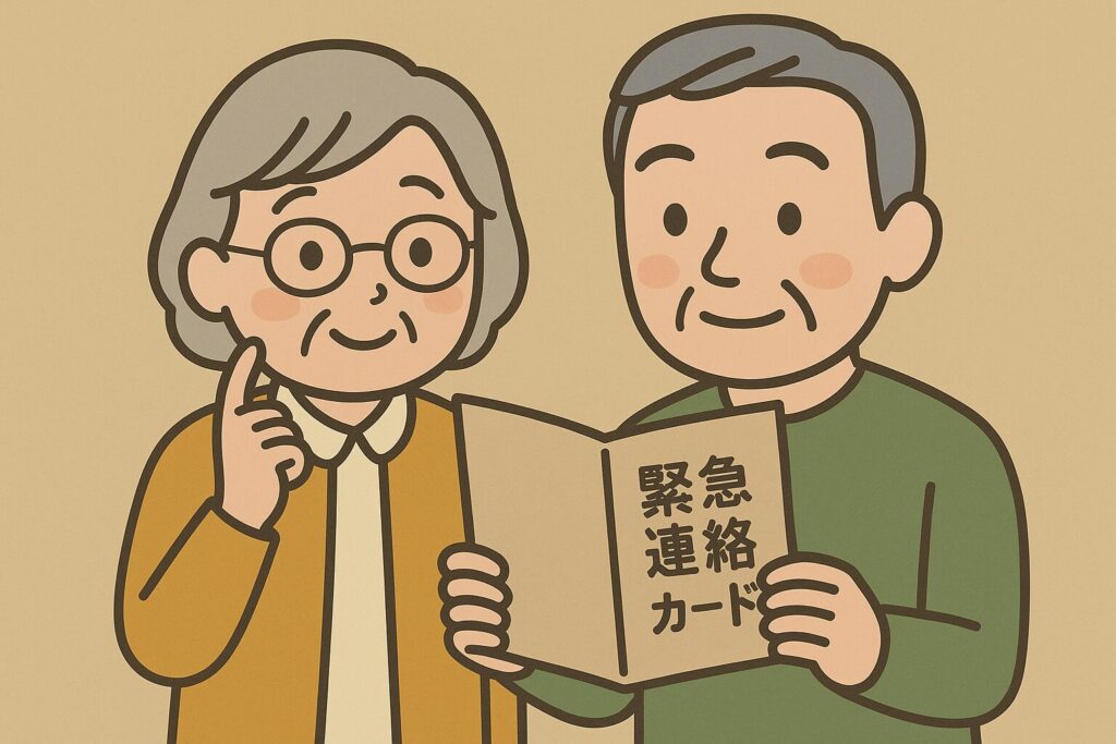 高齢の夫婦が緊急連絡カードを見て備えを確認している様子