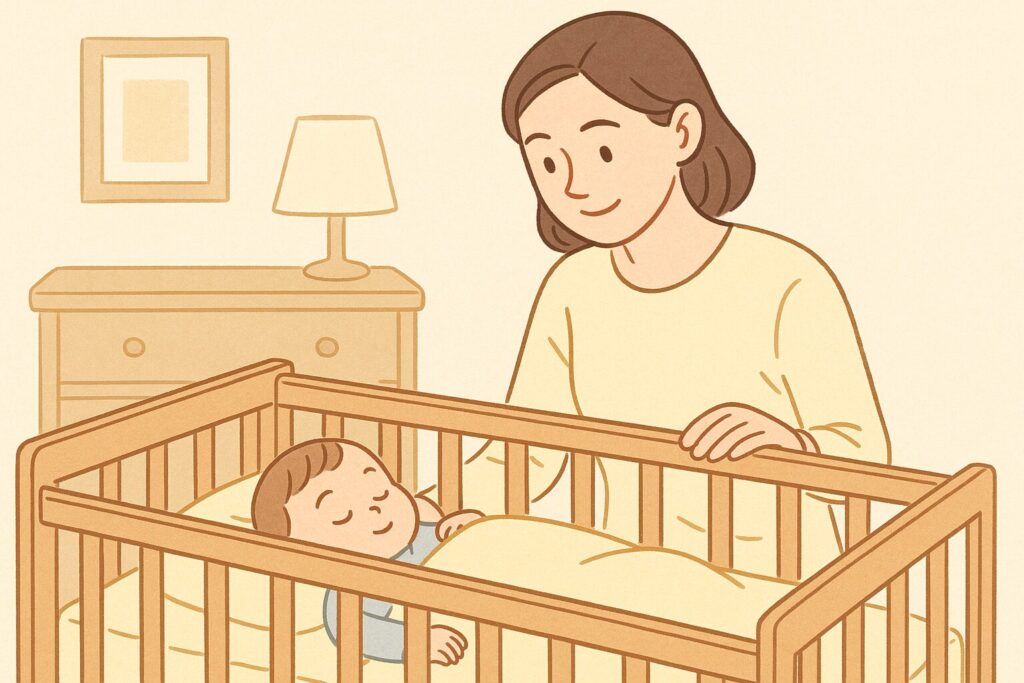 赤ちゃんを見守るお母さんと安全なベビーベッドのイラスト