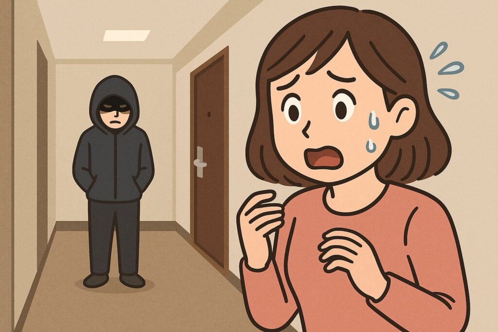 災害時に見慣れない不審者に恐怖を感じる女性のイラスト