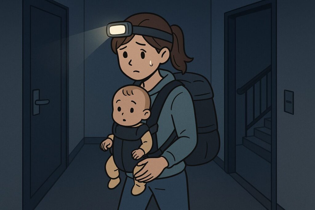 ヘッドライトをつけたママが赤ちゃんを抱っこして避難している様子のイラスト