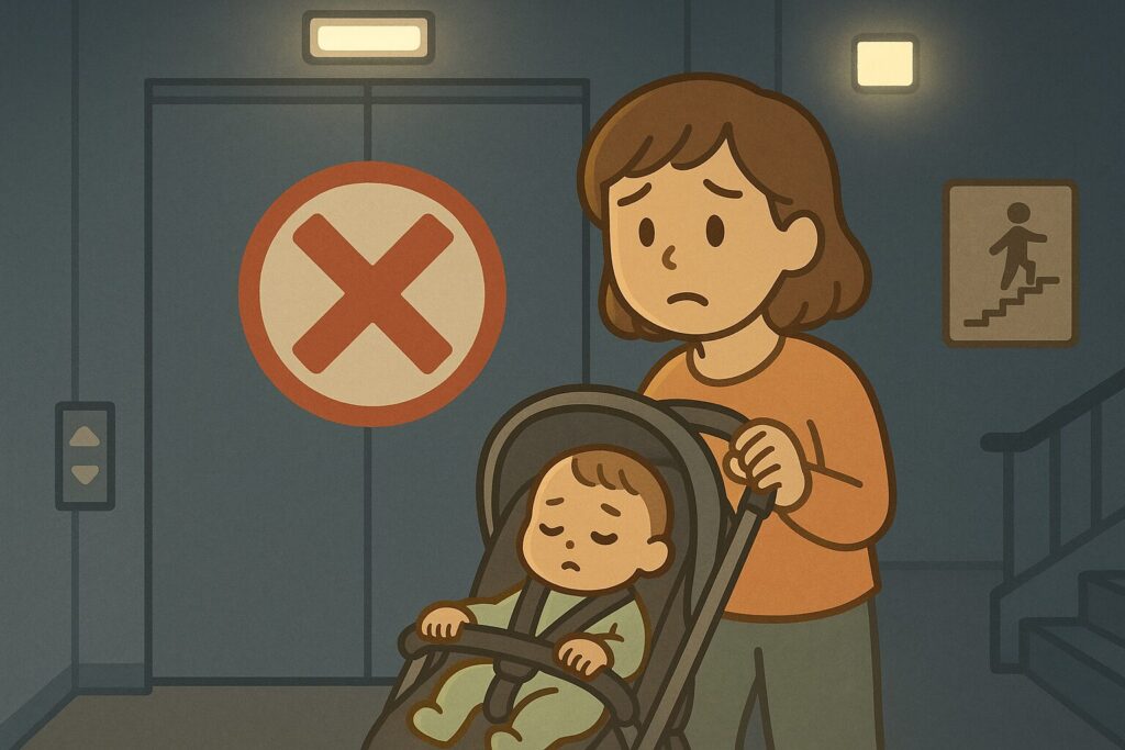 停電で使えないエレベーターの前に立ち尽くす母親とベビーカーの赤ちゃん。階段を示す案内板と赤いバツ印で危険を表現。