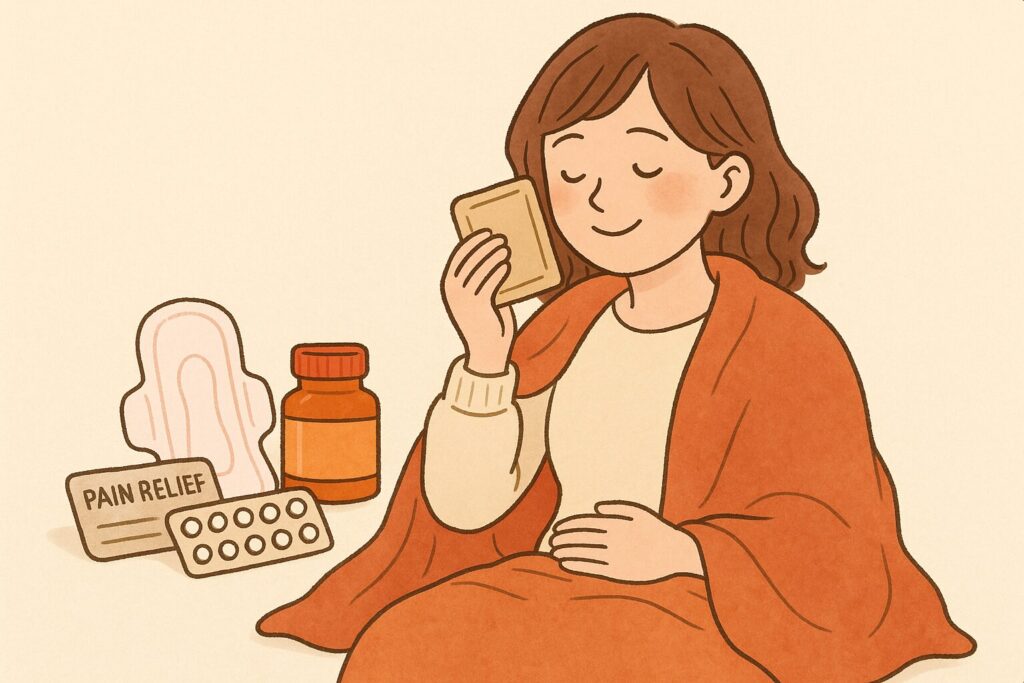 生理中の不快感を和らげるアイテムで安心している女性のイラスト