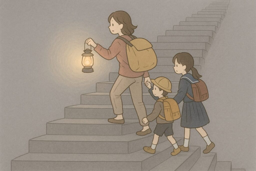 子どもたちと一緒に果てしない階段を登る母親の様子
