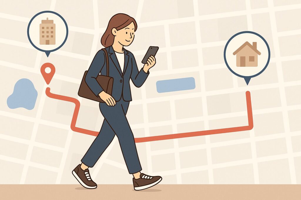 パンツスーツの女性がスマートフォンで地図を確認しながら会社から自宅まで歩いている様子を描いたイラスト