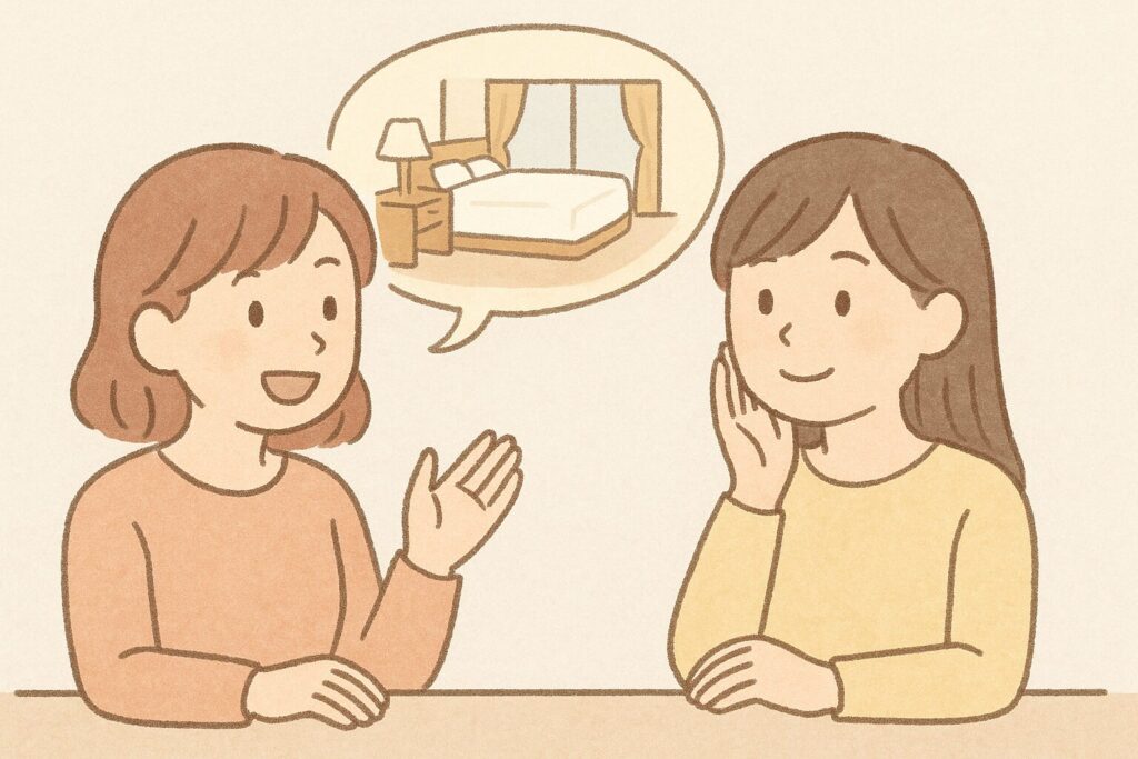 災害時のホテル避難について話す女性2人