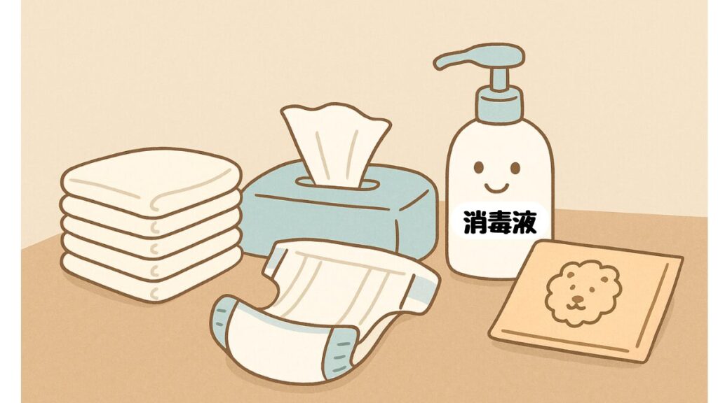 おしりふき、紙おむつ、消毒液が並んだ防災用衛生用品のイラスト