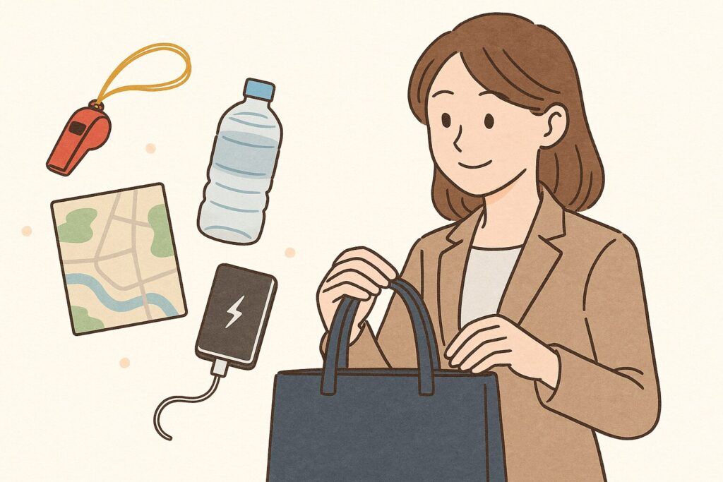 バッグを開ける女性と、防災グッズ（ホイッスル、ペットボトル、地図、モバイルバッテリー）が周囲に浮かぶイラスト