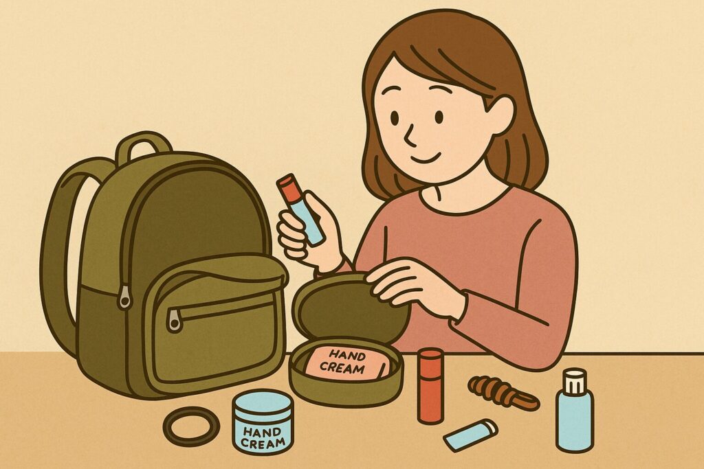 防災リュックに衛生用品を詰めている女性のイラスト