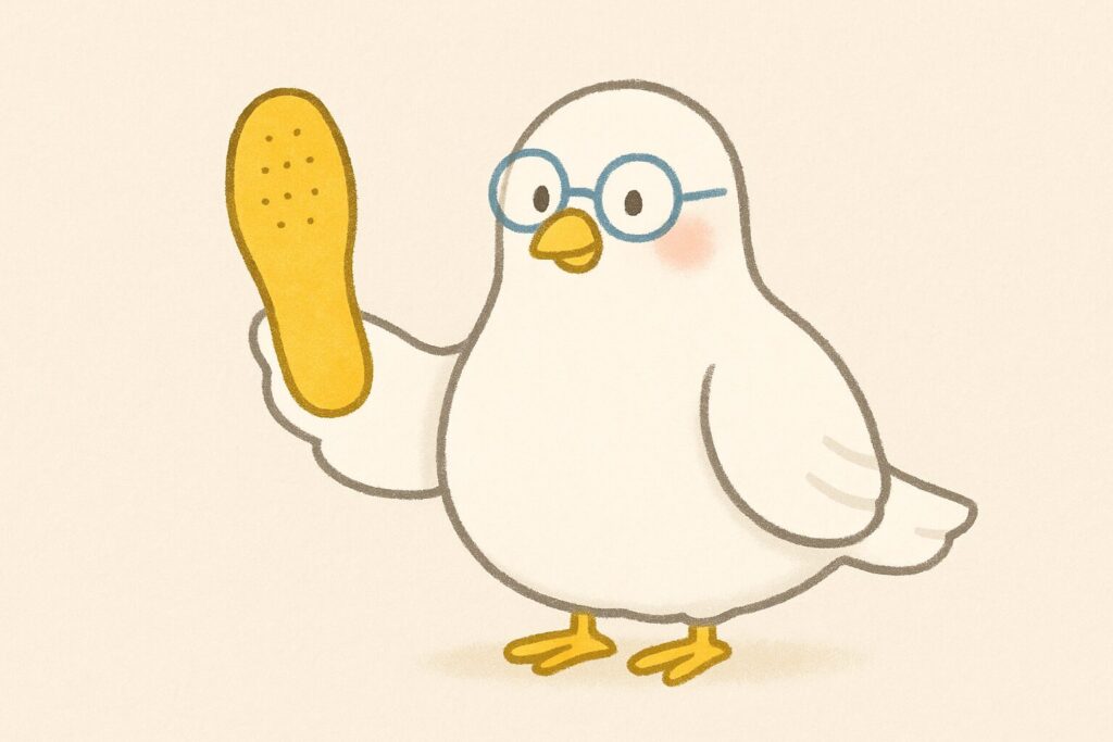白い鳩キャラクターPOPPOが、水色の丸メガネをかけて、黄色の踏み抜き防止インソールを手に持っている様子
