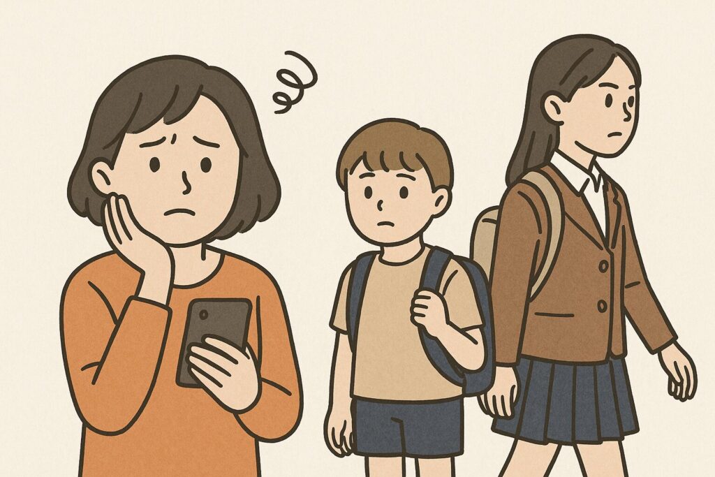 子どもたちの成長段階ごとの防災備えを心配する母親のイラスト