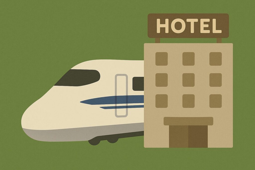 新幹線とホテルが並んだ、遠方避難の備えを表すイラスト