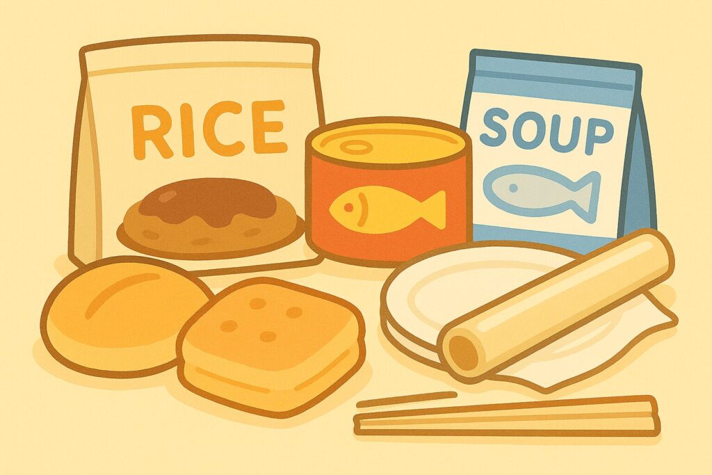 温かい備蓄食品(ごはん・スープ・缶詰)の例