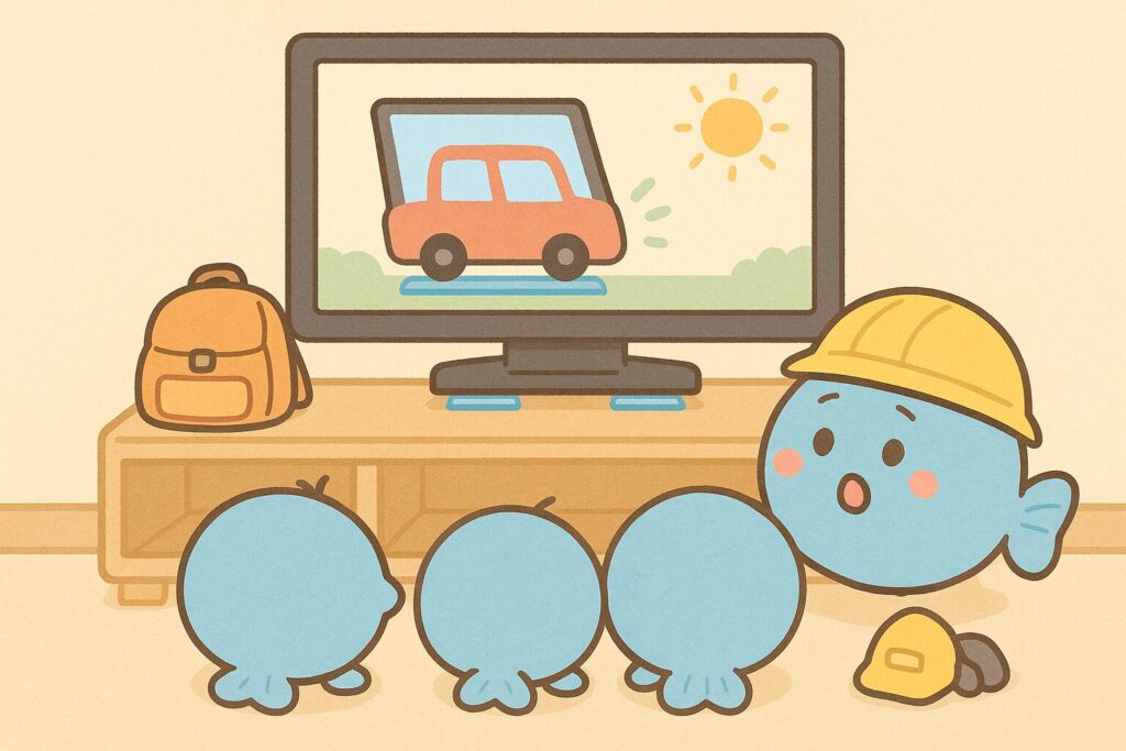まんボの子ども達3匹がテレビの前で座っている様子