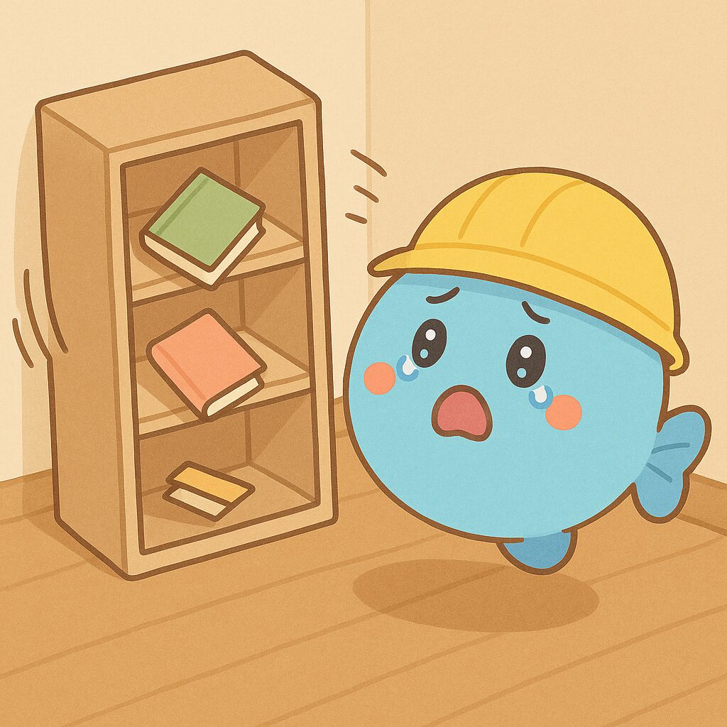 家具が地震で揺れてしまい、まんボが驚いて不安な様子