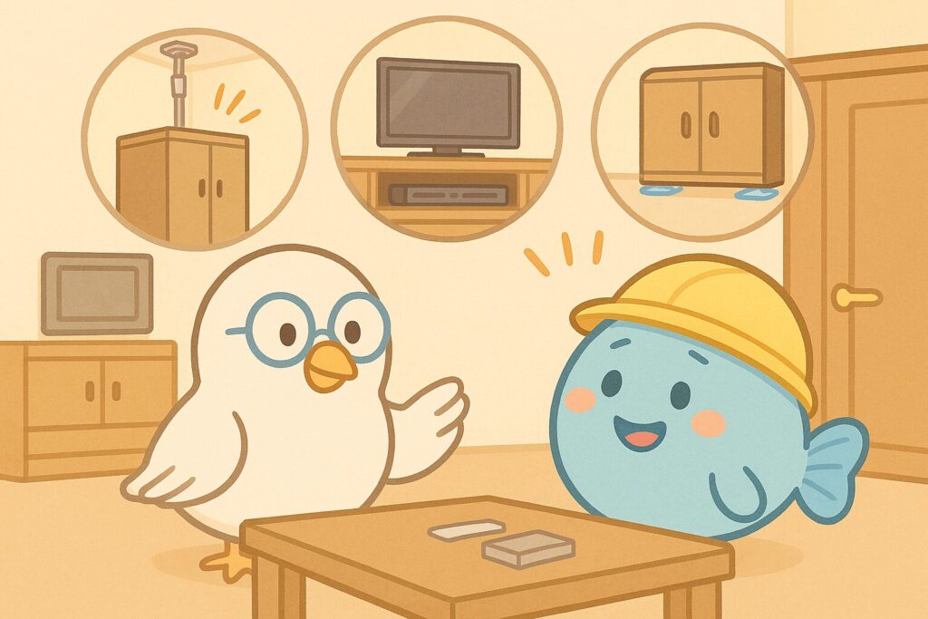 POPPOとまんボが家具の固定について話をしている様子