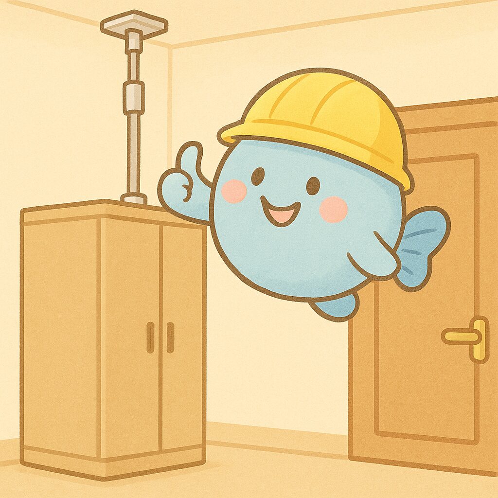 まんボが家具を固定して地震対策OKの表情をしている様子