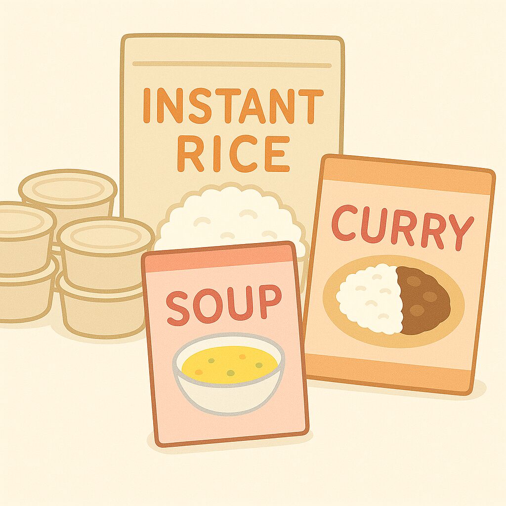 非常食のイラスト(インスタントごはん・スープ・カレー)