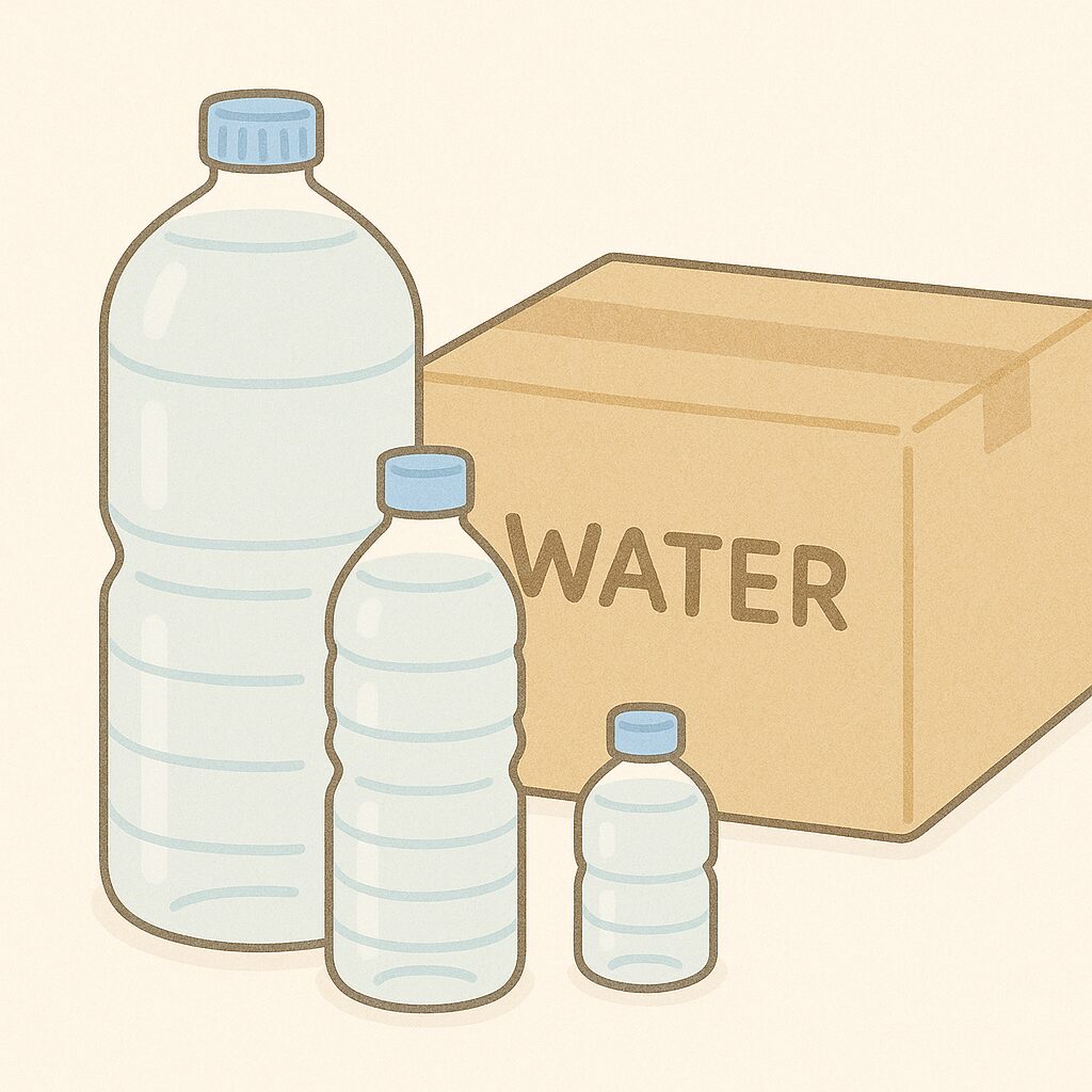 ペットボトルと段ボール箱に入った水の備蓄イラスト