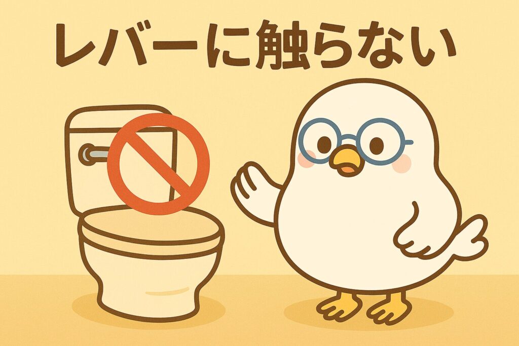 POPPOが断水時にトイレのレバーは触らないと教えてくれている様子