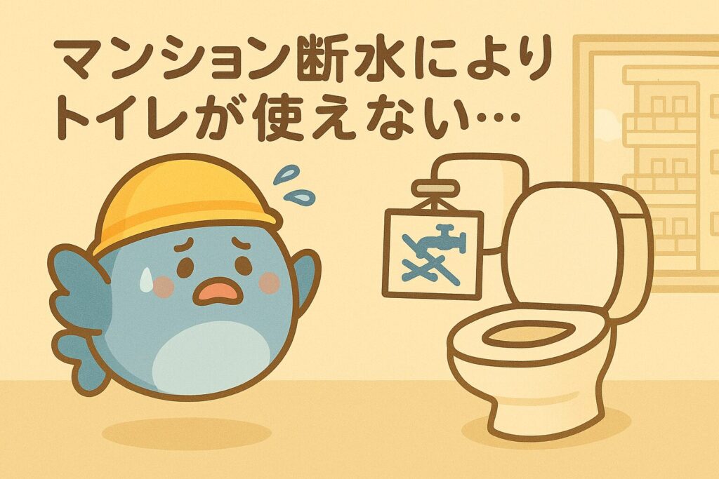 災害時にトイレが使用不可になり困っているまんボのイラスト