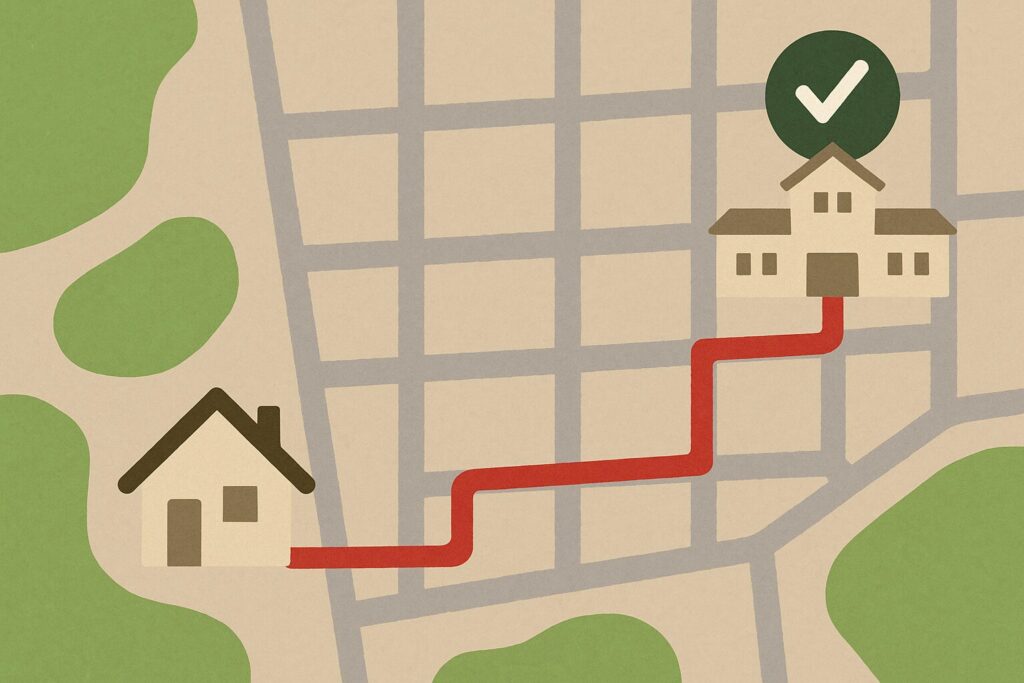 自宅から避難所(学校)まで赤いラインで示された地図風イラスト