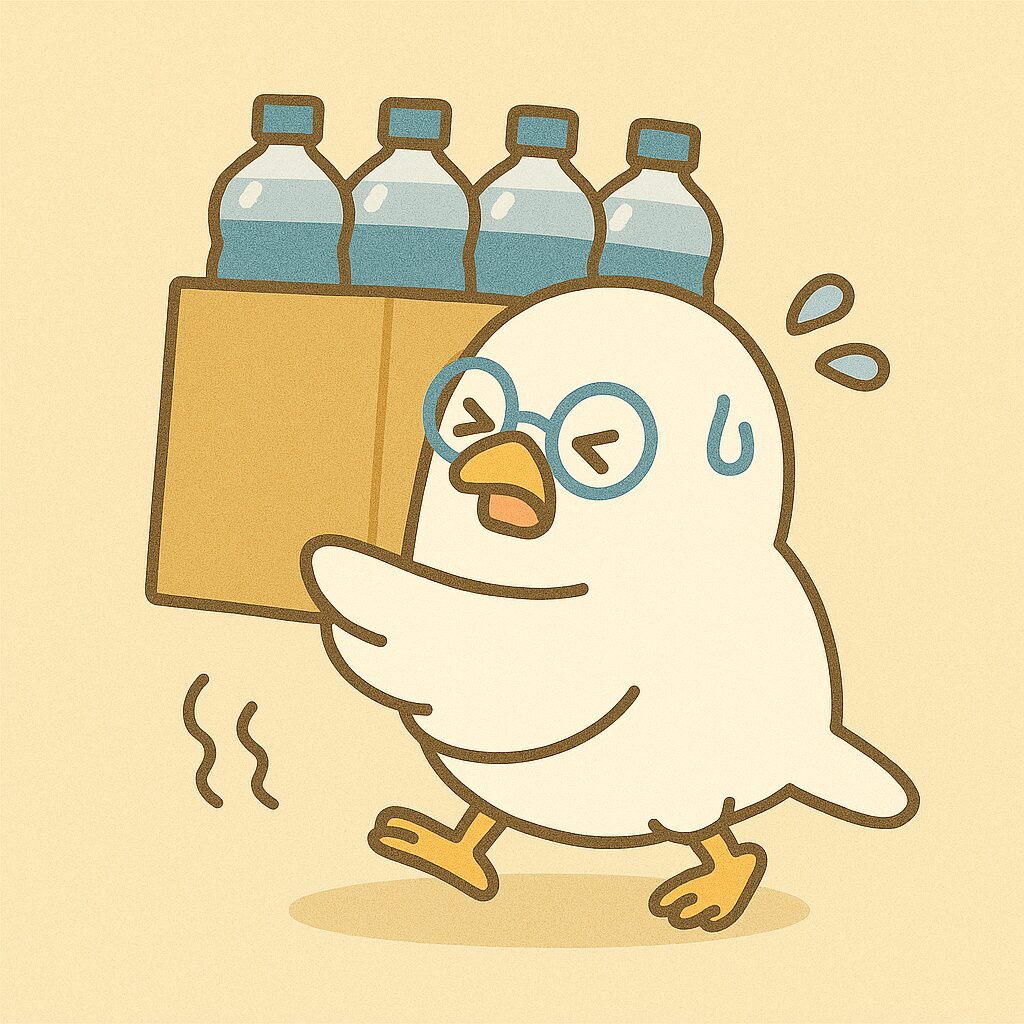 POPPOが水の段ボールをおもそうに運ぶ様子