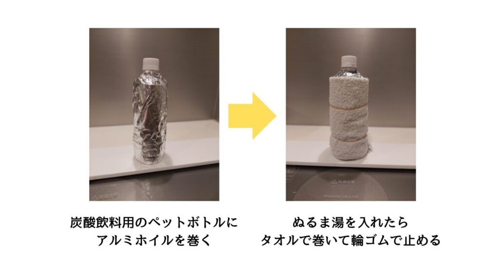炭酸飲料用ペットボトルにアルミホイルとタオルを巻いた即席湯たんぽの作り方