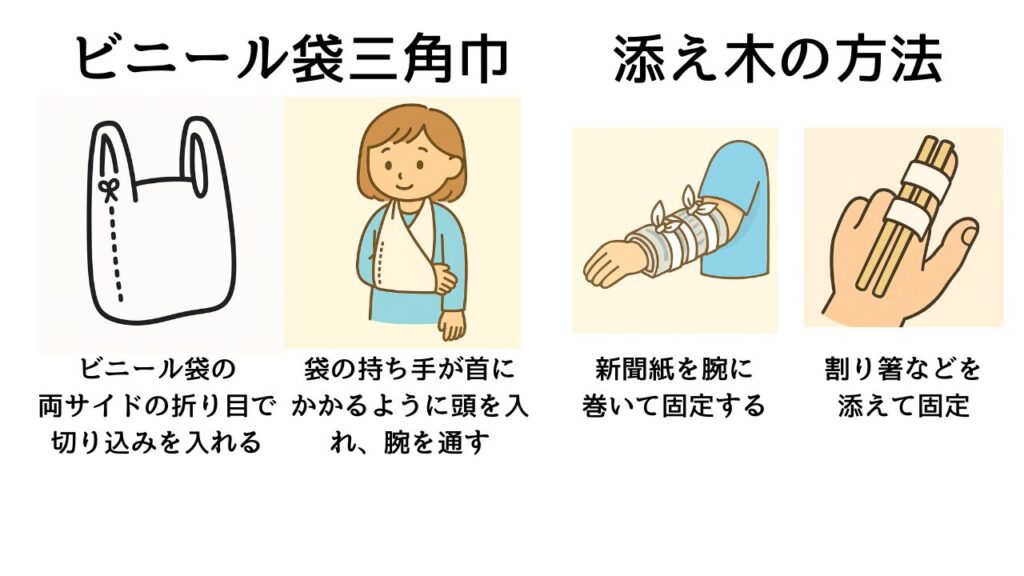 ビニール袋で作る三角巾と、新聞紙や割り箸を使った添え木の方法を示す応急処置イラスト