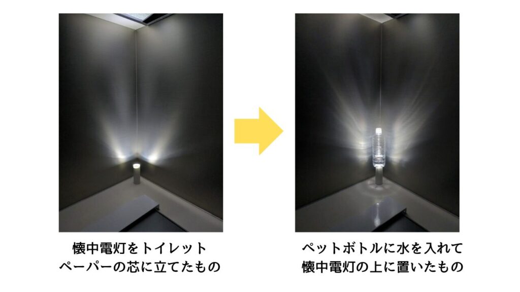 懐中電灯をトイレットペーパーの芯に立てたものと、その上に水入りペットボトルを置いた照明の比較