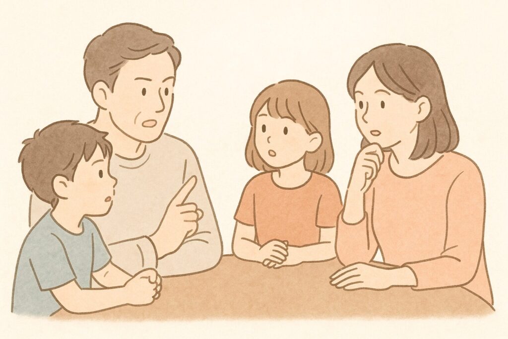 テーブルを囲んで防災について話し合う家族のイラスト