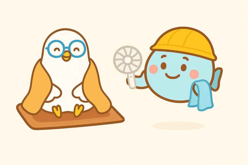 ブランケット姿のPOPPOと扇風機を持つまんボのイラスト