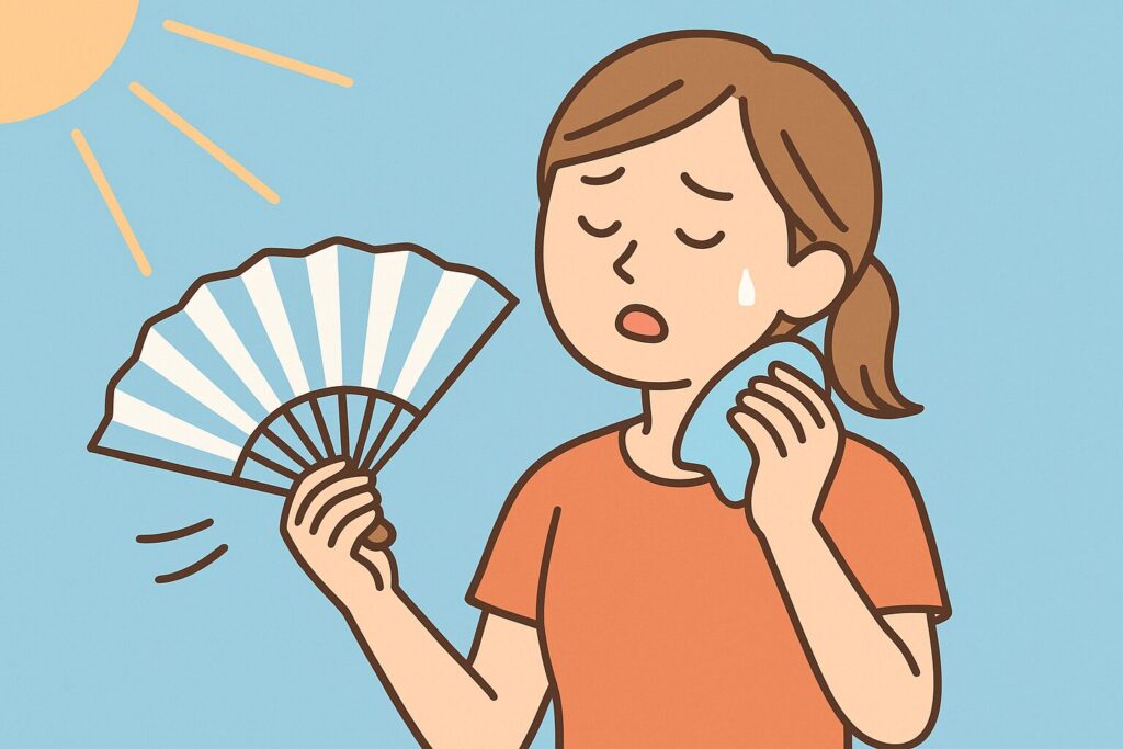 扇子であおぎながら首元を冷やして暑さをしのぐ女性のイラスト