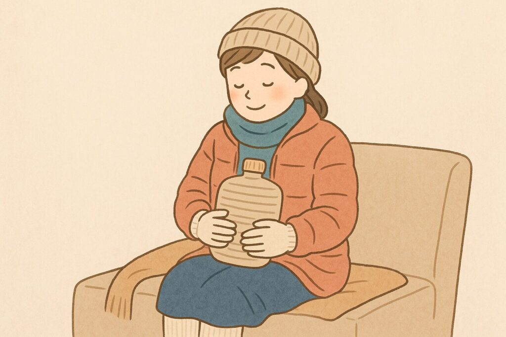 厚着をしてペットボトル湯たんぽを抱えて寒さに備える女性のイラスト