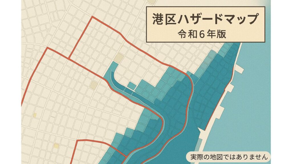 港区の浸水ハザードマップ風のイメージ図。実際の地図ではなく、水害リスクを色分けして視覚的に表現。
