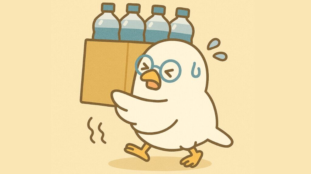 水の備蓄用段ボールを運ぶPOPPOの防災準備イラスト