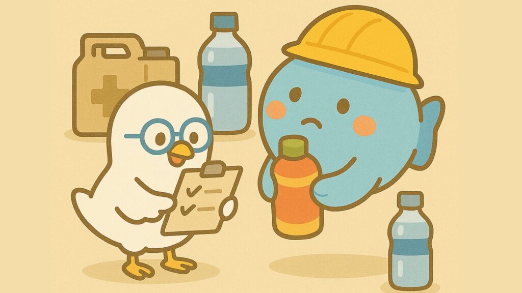 チェックリストを確認するPOPPOと、水の備蓄を持つまんボの防災準備イラスト