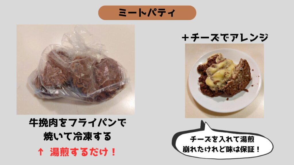 ポリ袋調理で食べるミートパティのレシピ。冷凍した牛ひき肉パティを湯煎し、チーズをのせて完成させた写真。