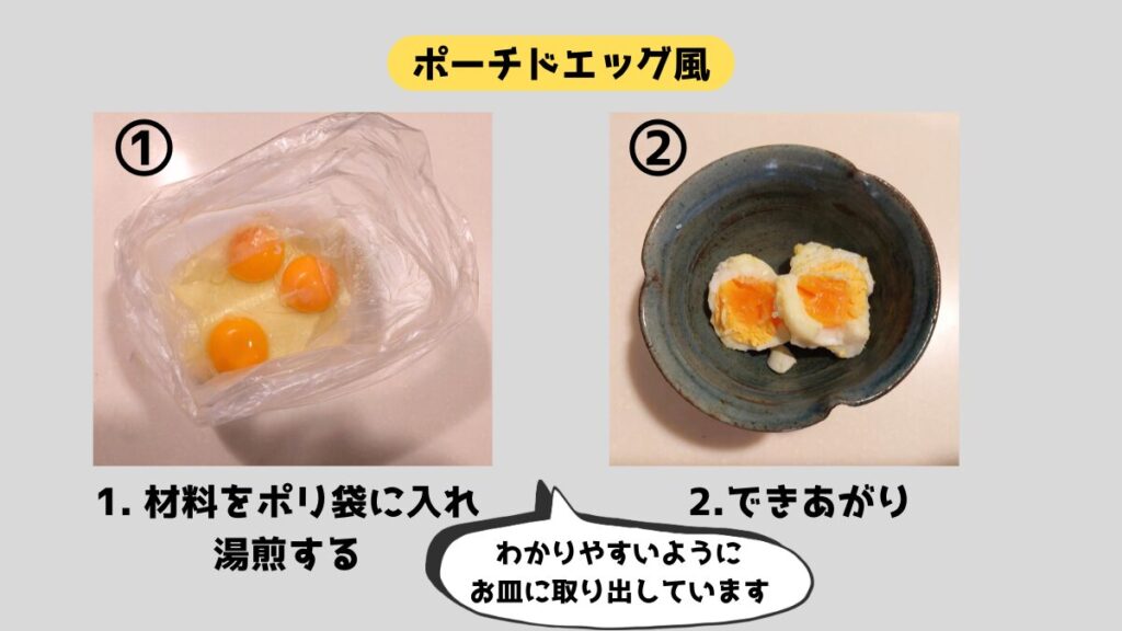 ポリ袋調理で作るポーチドエッグ風のレシピ。卵を袋に入れて湯煎し、簡単にできる手順を写真で紹介。