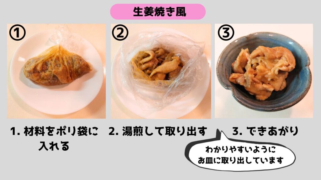 ポリ袋調理で作る生姜焼き風レシピ。豚肉をポリ袋に入れて湯煎し、簡単に完成する手順を写真で紹介。