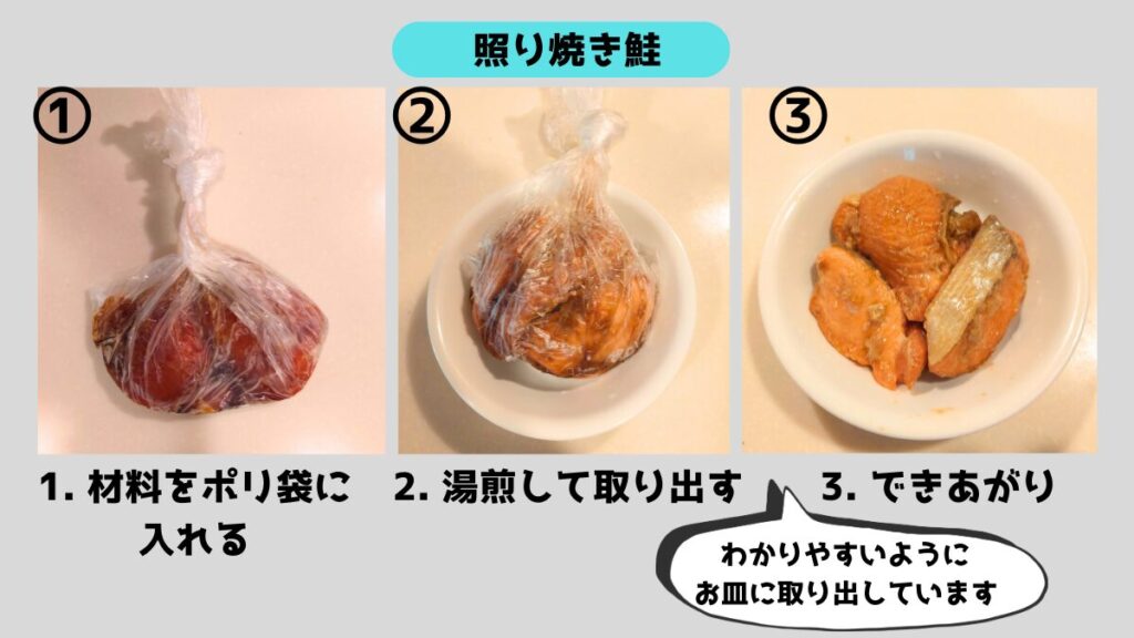 ポリ袋調理で作る照り焼き鮭のレシピ。鮭をポリ袋に入れて湯煎し、簡単に仕上げる手順を写真で紹介。