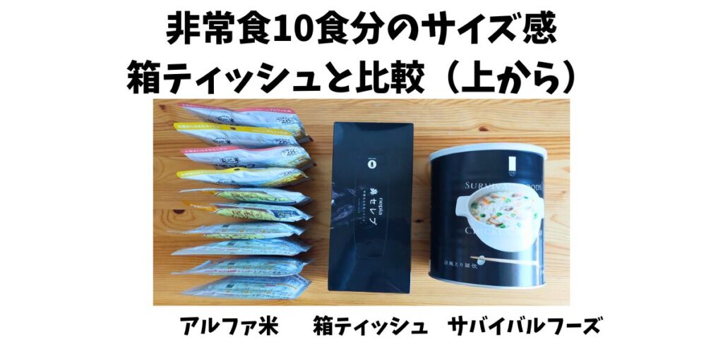 非常食10食分のサイズ感を箱ティッシュと比較(上から)