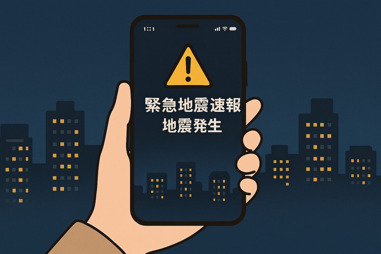 スマートフォンに「緊急地震速報」が表示されている様子と、背景に高層ビルが立ち並ぶ都市のイラスト