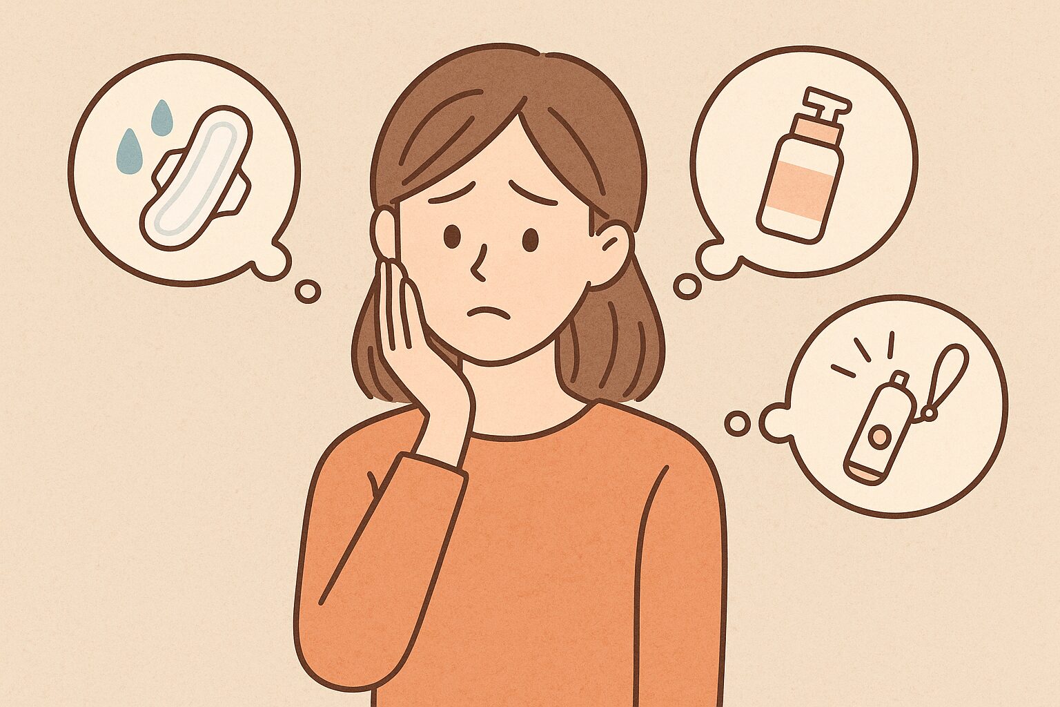 災害時に生理や衛生、防犯への不安を抱える女性のイラスト