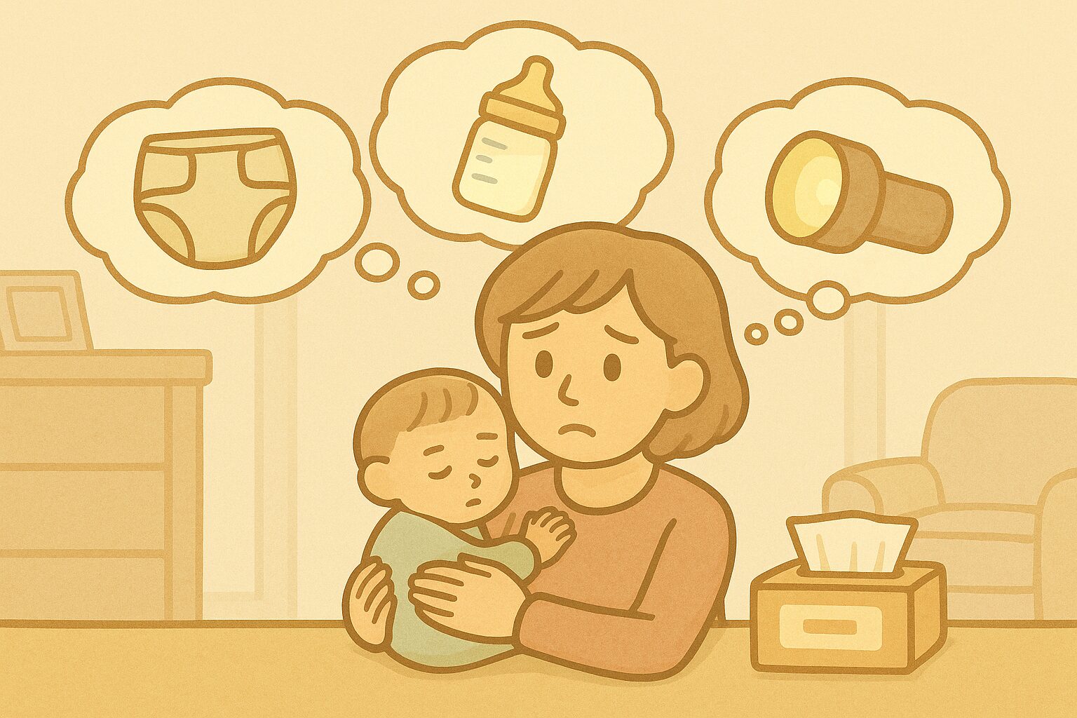 赤ちゃんを抱きながら不安そうな表情の母親。オムツ、ミルク、懐中電灯の心配をしている様子。
