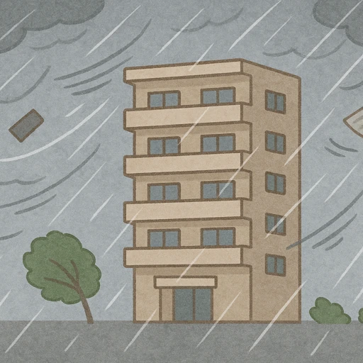 台風の強風と豪雨にさらされる高層マンションの外観