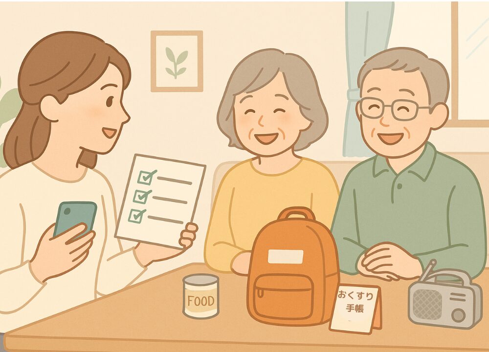 娘が高齢の両親と防災グッズを確認している様子