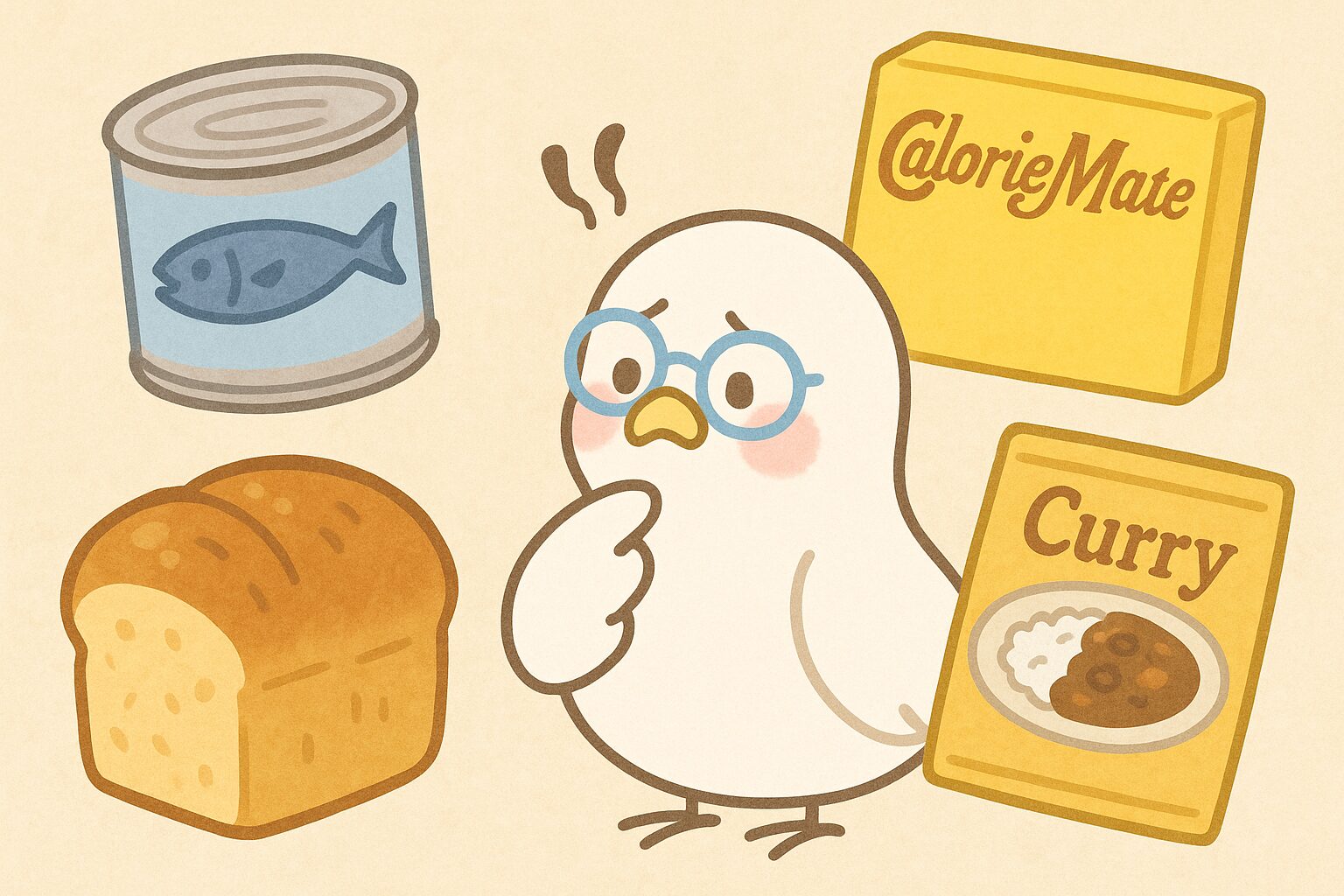 「缶詰や保存食を前に困った表情の白い鳩のキャラクターPOPPOのイラスト」