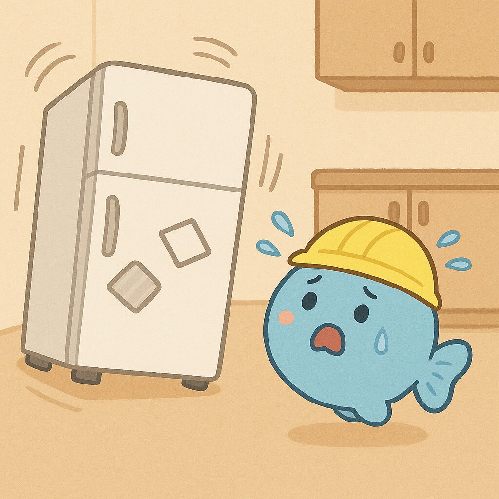 地震で冷蔵庫がゆれて焦っているまんボの様子