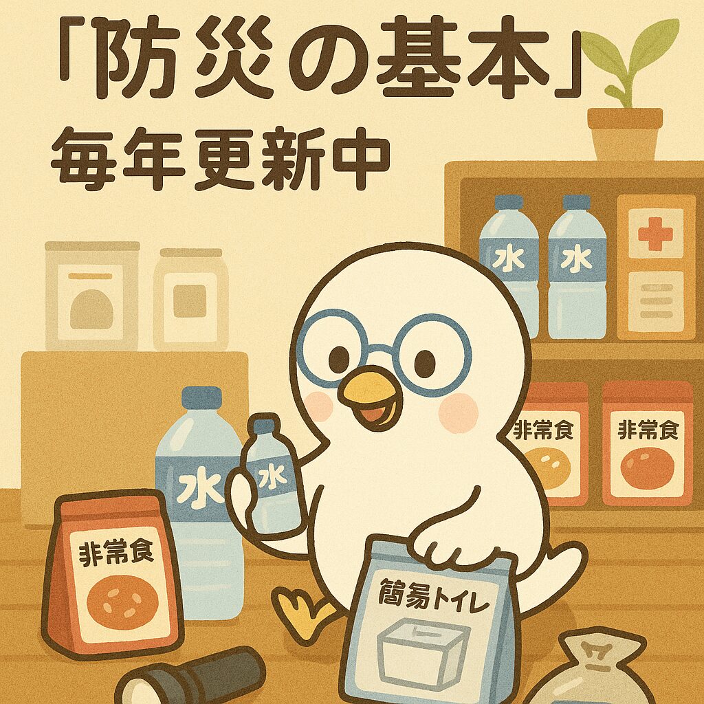 防災アイテムを前に説明するPOPPOのイラスト（水・非常食・簡易トイレ）