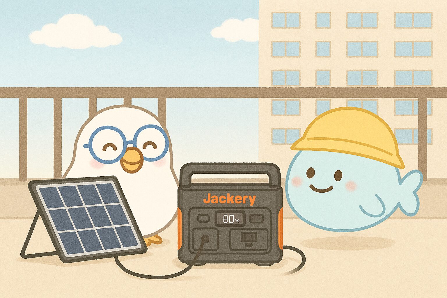 POPPOとまんボがベランダでJackeryポータブル電源をソーラーパネルで充電している様子